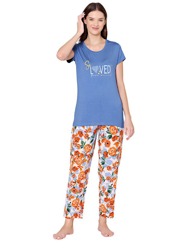 Bodycare Womens Modal Spandex Cyan Printed Tshirt & Pyjama Set BSLS14008