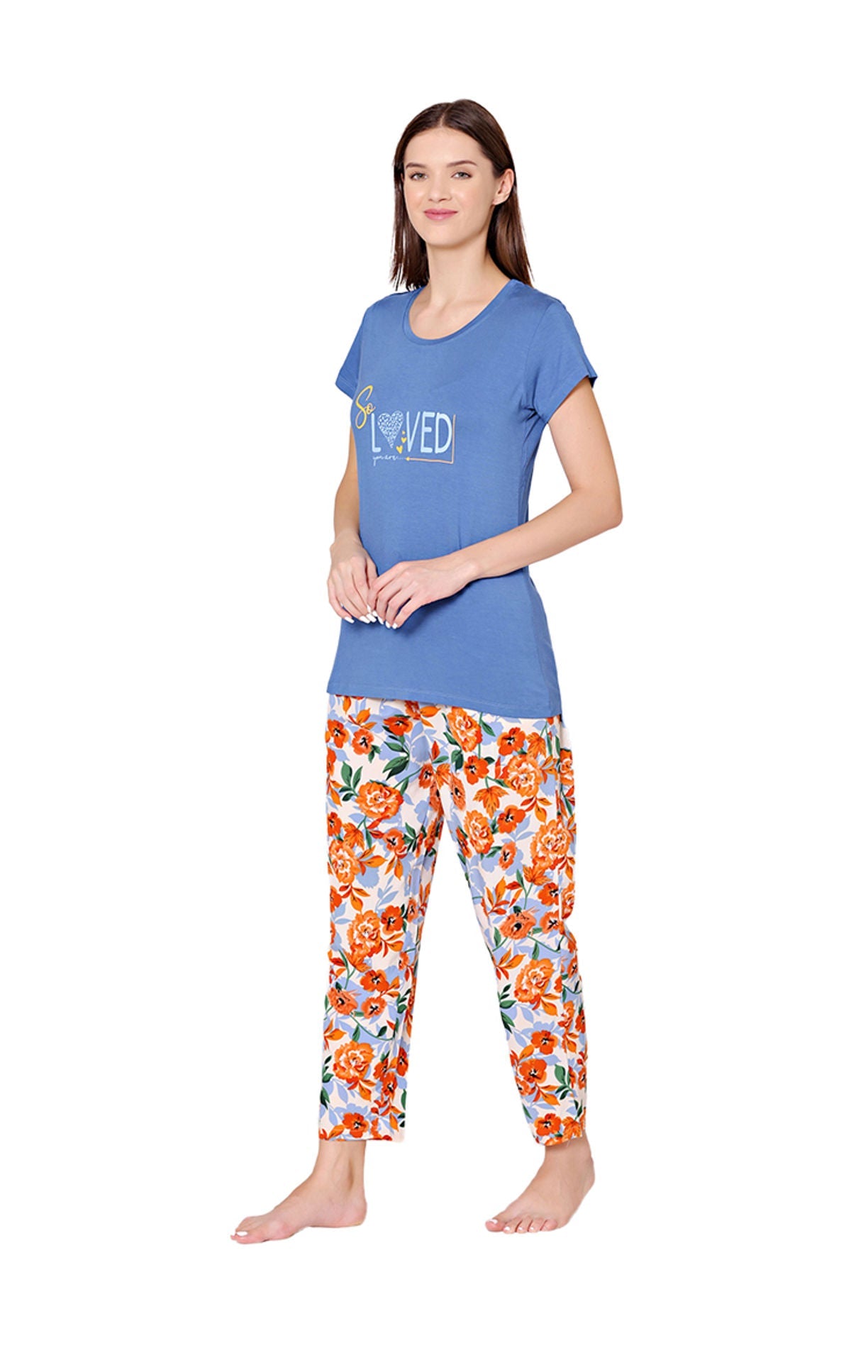 Bodycare Womens Modal Spandex Cyan Printed Tshirt & Pyjama Set BSLS14008