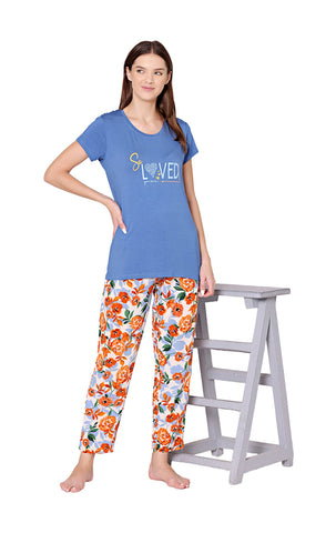 Bodycare Womens Modal Spandex Cyan Printed Tshirt & Pyjama Set BSLS14008