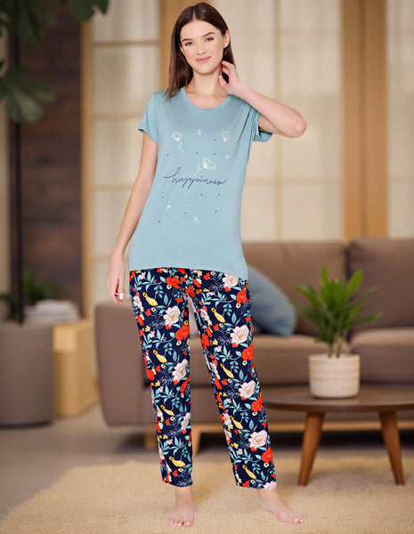 Bodycare Womens Modal Spandex Light Teal Printed Tshirt & Pyjama Set BSLS14009