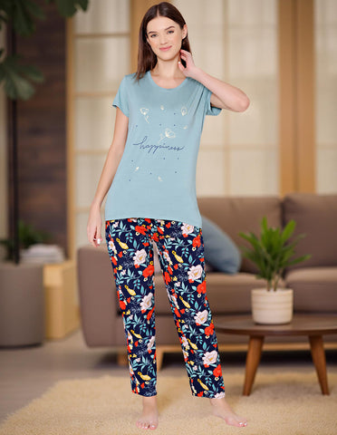 Bodycare Womens Modal Spandex Light Teal Printed Tshirt & Pyjama Set BSLS14009