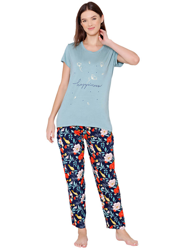 Bodycare Womens Modal Spandex Light Teal Printed Tshirt & Pyjama Set BSLS14009