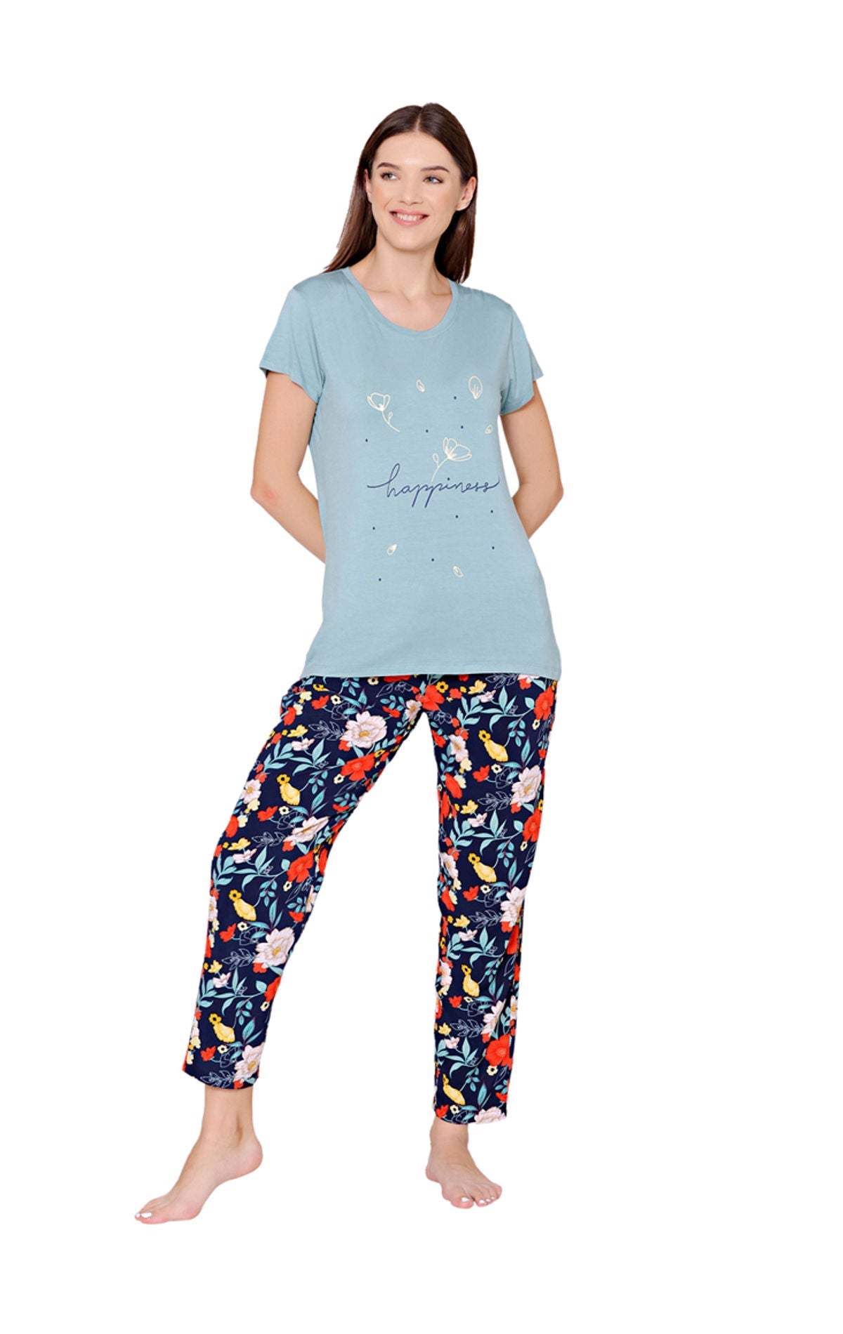 Bodycare Womens Modal Spandex Light Teal Printed Tshirt & Pyjama Set BSLS14009