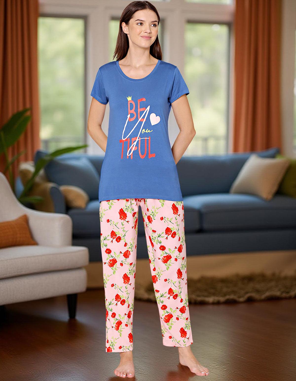 Bodycare Womens Modal Spandex Blue and Pink Printed Tshirt & Pyjama Set BSLS14010