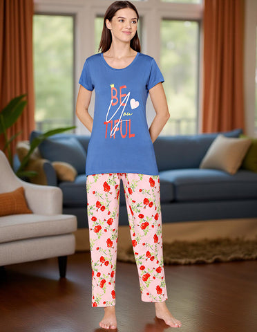 Bodycare Womens Modal Spandex Blue and Pink Printed Tshirt & Pyjama Set BSLS14010