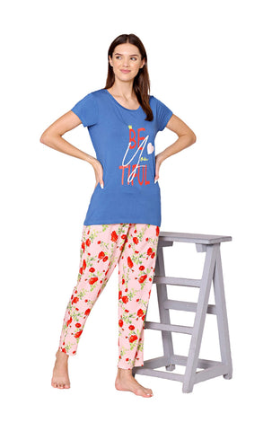 Bodycare Womens Modal Spandex Blue and Pink Printed Tshirt & Pyjama Set BSLS14010