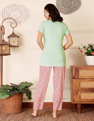 Green & Pink Cotton Nightsuit for Women by Bodycare – Printed T-Shirt & Pyjama Set-BSLS15010