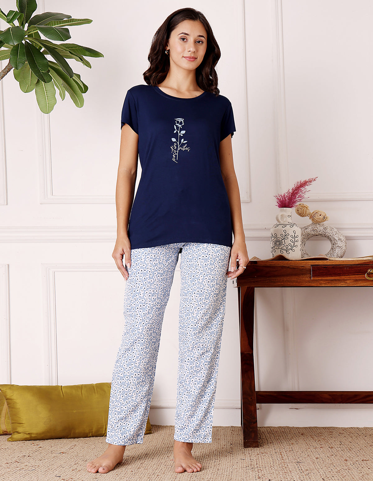 Blue & White Cotton Nightsuit for Women by Bodycare – Printed T-Shirt & Pyjama Set-BSLS15011