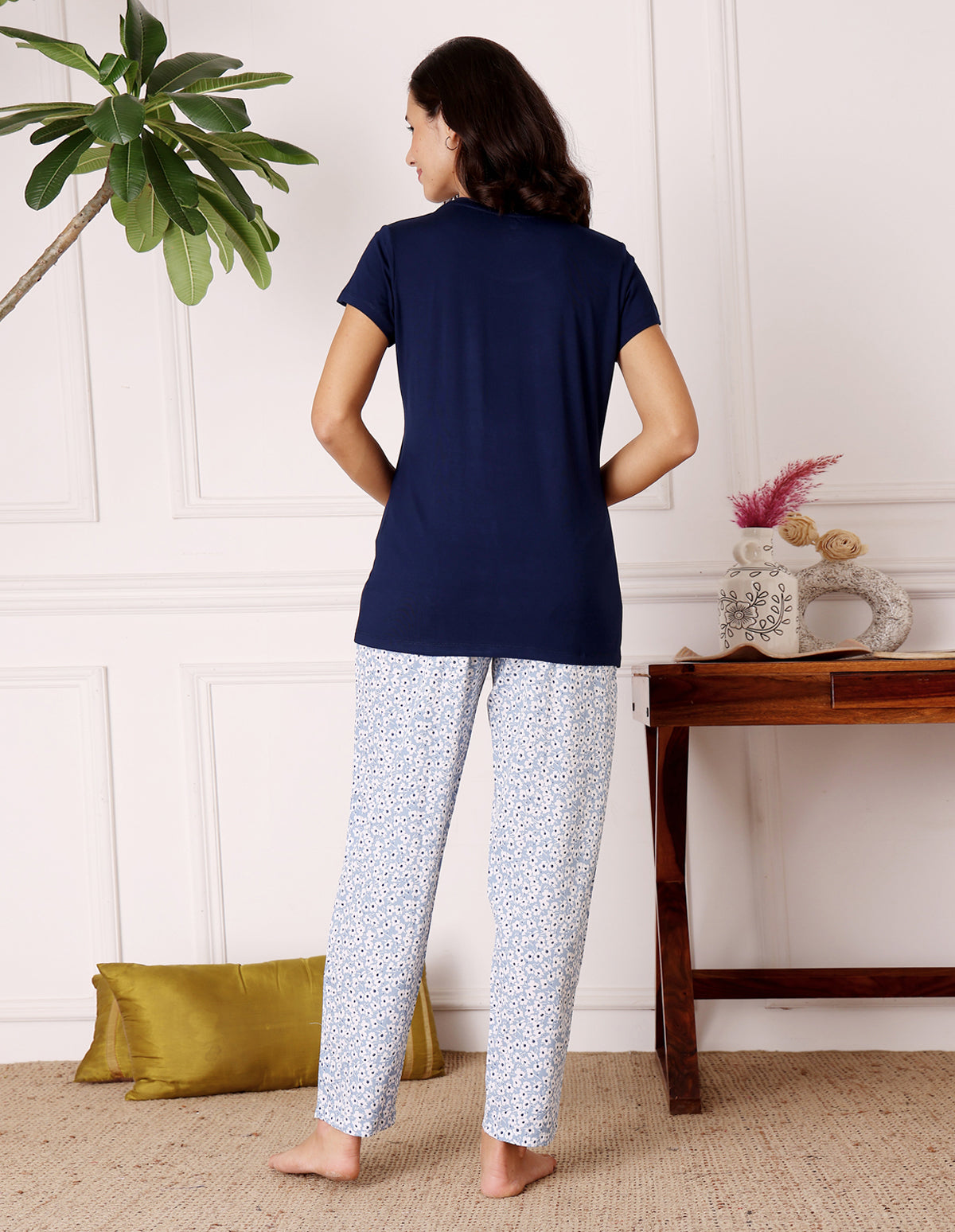 Blue & White Cotton Nightsuit for Women by Bodycare – Printed T-Shirt & Pyjama Set-BSLS15011
