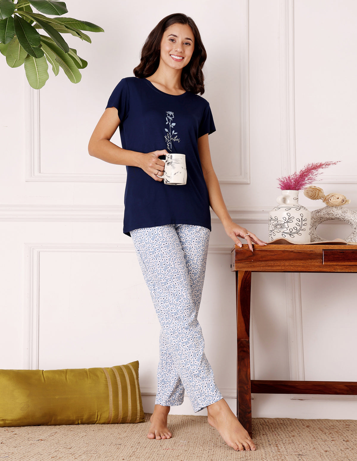 Blue & White Cotton Nightsuit for Women by Bodycare – Printed T-Shirt & Pyjama Set-BSLS15011