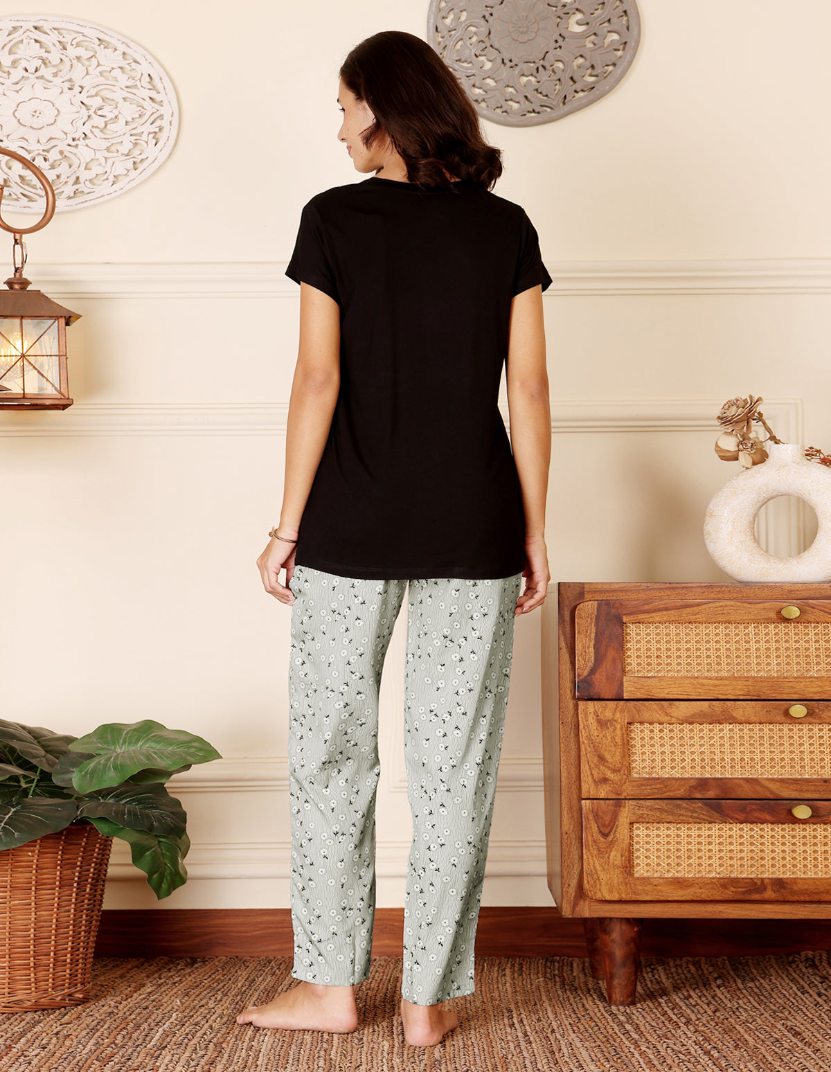 Black & Grey Cotton Nightsuit for Women by Bodycare – Printed T-Shirt & Pyjama Set-BSLS15012