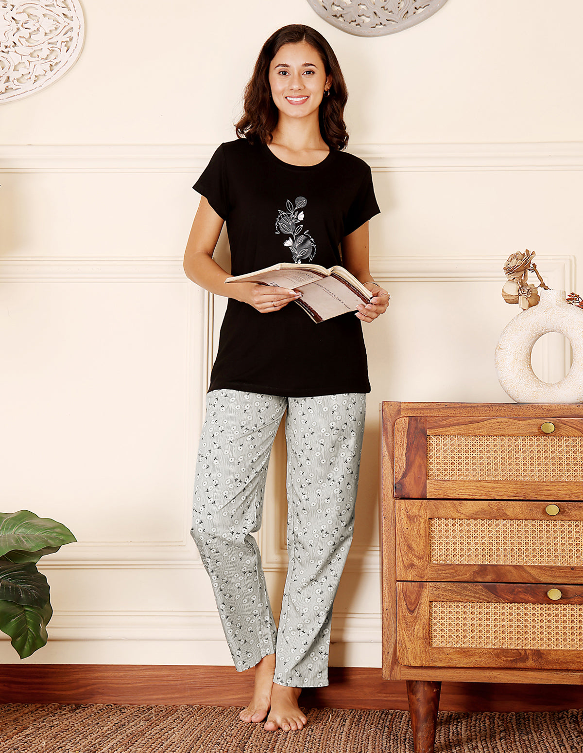 Black & Grey Cotton Nightsuit for Women by Bodycare – Printed T-Shirt & Pyjama Set-BSLS15012