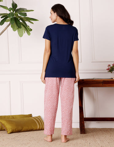 Blue & Pink Cotton Nightsuit for Women by Bodycare – Printed T-Shirt & Pyjama Set-BSLS15013