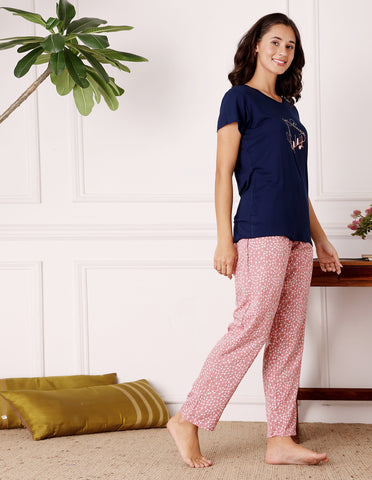 Blue & Pink Cotton Nightsuit for Women by Bodycare – Printed T-Shirt & Pyjama Set-BSLS15013
