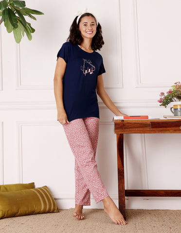 Blue & Pink Cotton Nightsuit for Women by Bodycare – Printed T-Shirt & Pyjama Set-BSLS15013