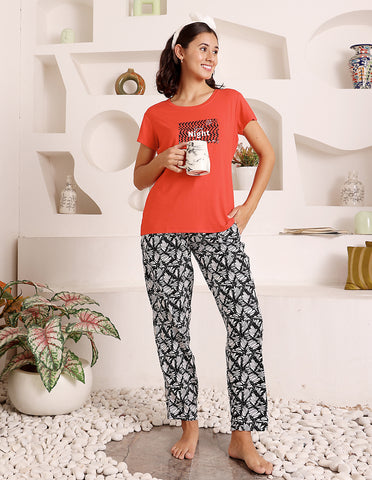 Red & Black Cotton Nightsuit for Women by Bodycare – Printed T-Shirt & Pyjama Set-BSLS15014