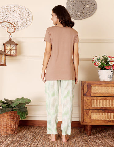Brown & Green Cotton Nightsuit for Women by Bodycare – Printed T-Shirt & Pyjama Set-BSLS15015