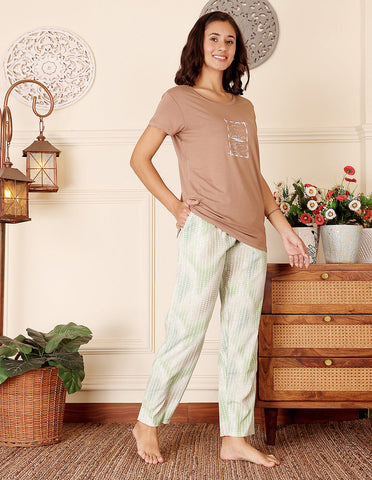 Brown & Green Cotton Nightsuit for Women by Bodycare – Printed T-Shirt & Pyjama Set-BSLS15015