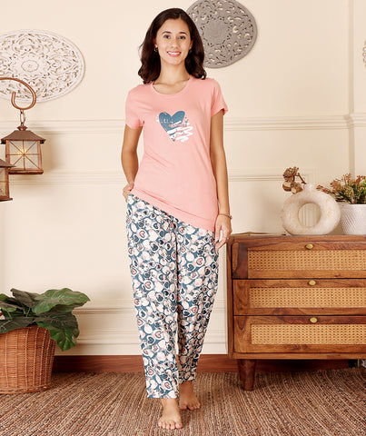 Pink & Blue Cotton Nightsuit for Women by Bodycare – Printed T-Shirt & Pyjama Set-BSLS15016