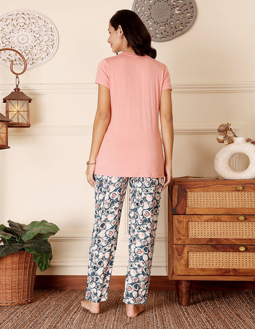 Pink & Blue Cotton Nightsuit for Women by Bodycare – Printed T-Shirt & Pyjama Set-BSLS15016