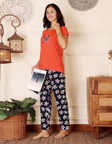 Red & Black Cotton Nightsuit for Women by Bodycare – Printed T-Shirt & Pyjama Set-BSLS15017