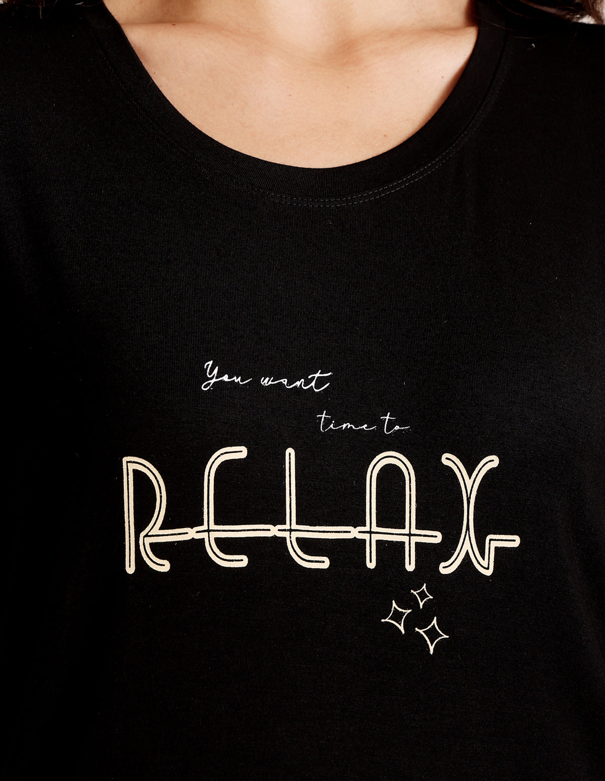 Black & Brown Cotton Nightsuit for Women by Bodycare – Printed T-Shirt & Pyjama Set-BSLS15018