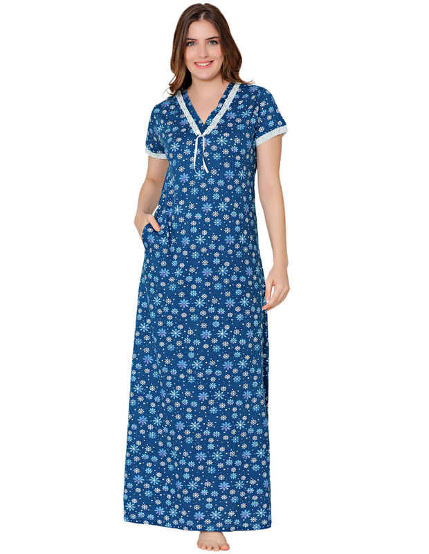 Bodycare Womens Combed Cotton V Neck Printed Long Night Dress-BSN10002