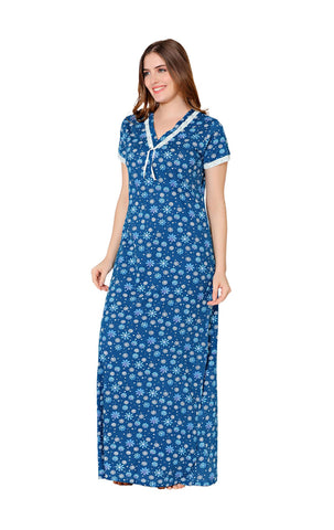 Bodycare Womens Combed Cotton V Neck Printed Long Night Dress-BSN10002