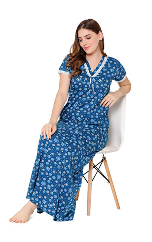 Bodycare Womens Combed Cotton V Neck Printed Long Night Dress-BSN10002