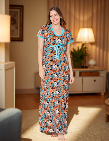 Bodycare Womens Combed Cotton V Neck Printed Long Night Dress-BSN10003