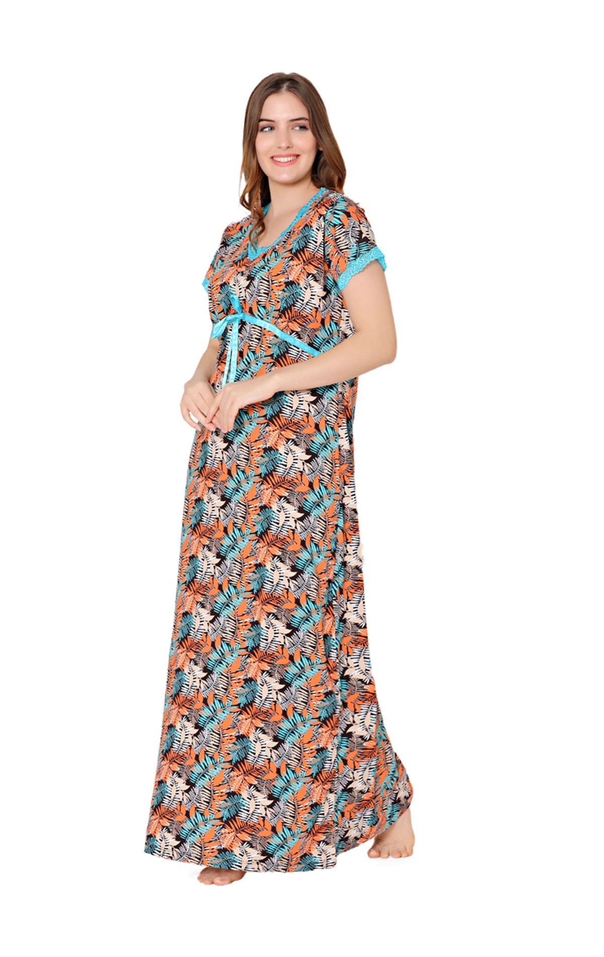 Bodycare Womens Combed Cotton V Neck Printed Long Night Dress-BSN10003