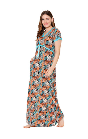 Bodycare Womens Combed Cotton V Neck Printed Long Night Dress-BSN10003