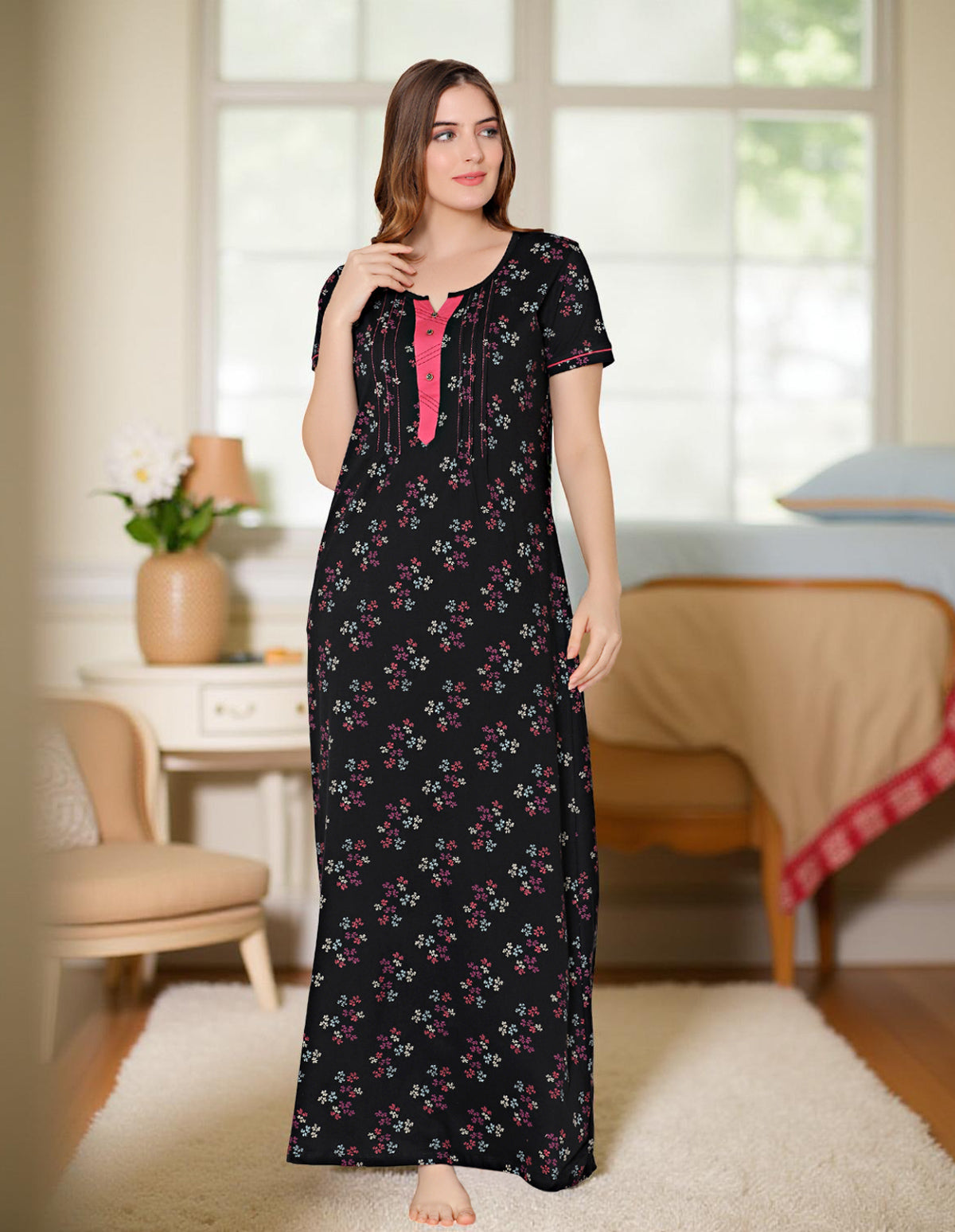 Bodycare Womens Combed Cotton Round Neck Printed Long Night Dress-BSN10004