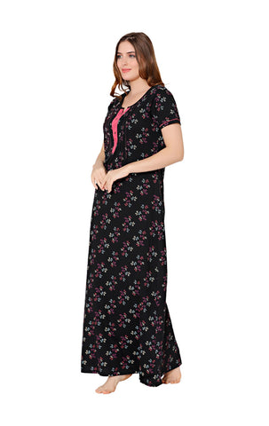 Bodycare Womens Combed Cotton Round Neck Printed Long Night Dress-BSN10004