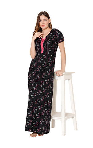 Bodycare Womens Combed Cotton Round Neck Printed Long Night Dress-BSN10004