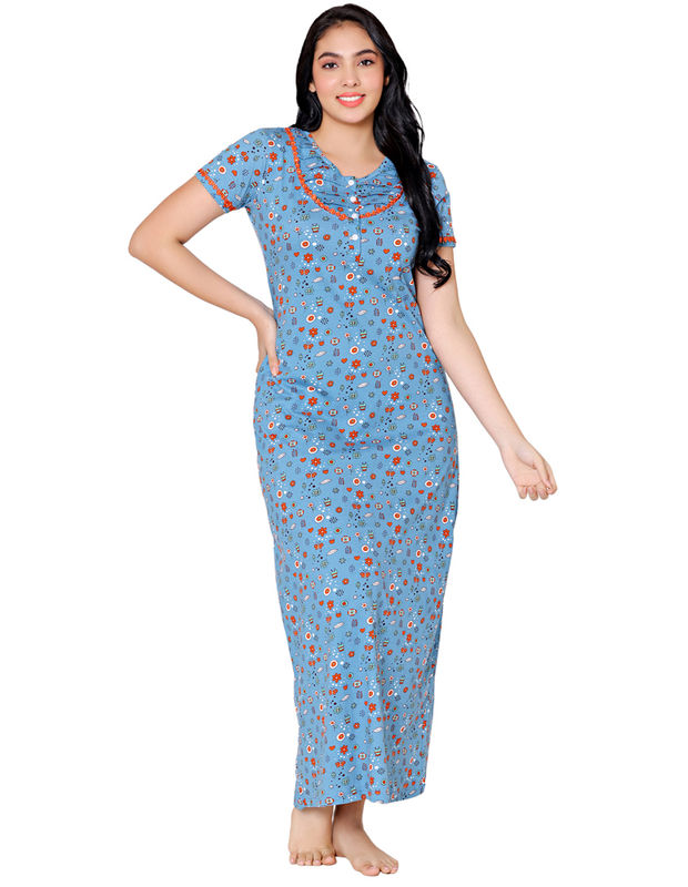 Bodycare Womens Combed Cotton Round Neck Printed Long Night Dress-BSN10005