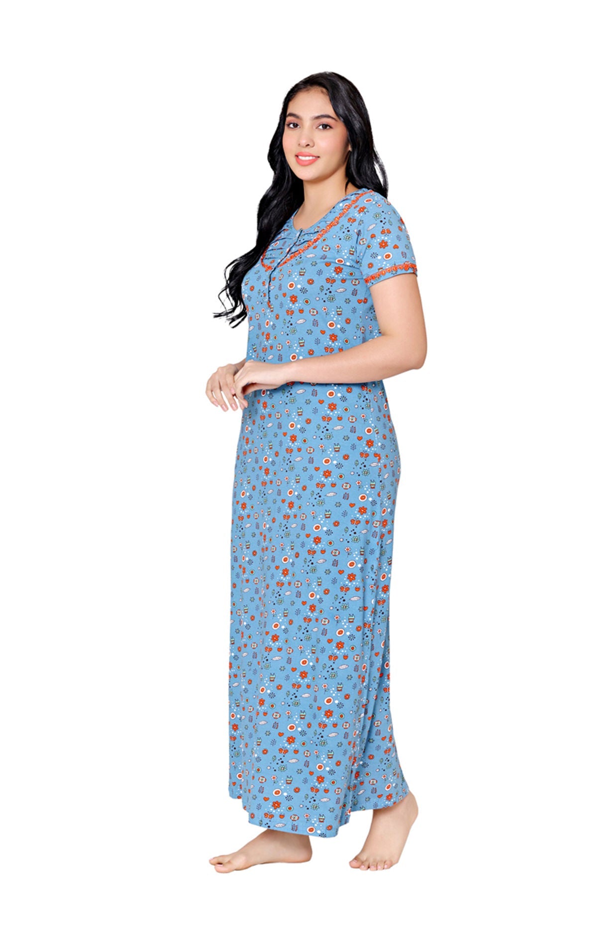 Bodycare Womens Combed Cotton Round Neck Printed Long Night Dress-BSN10005