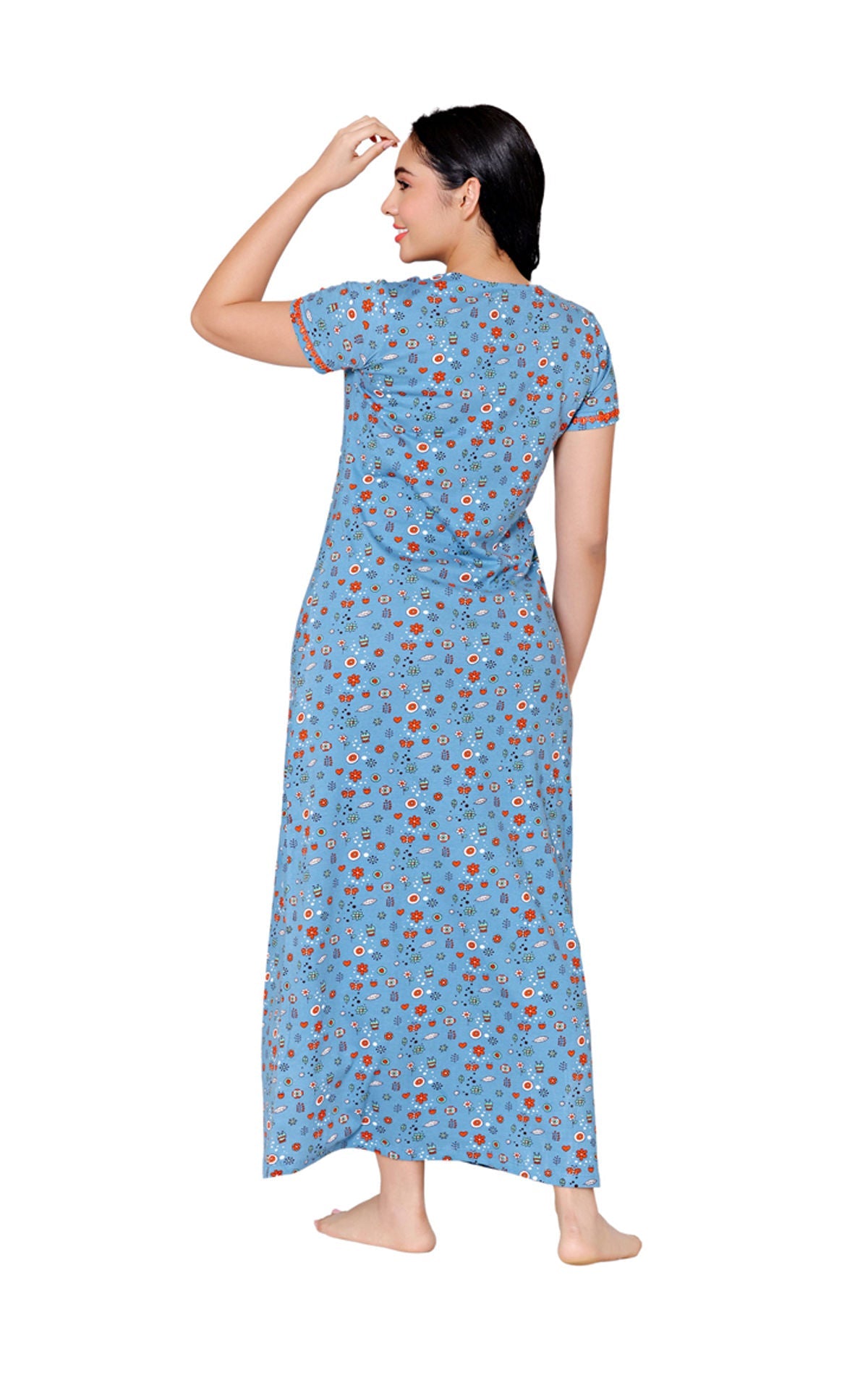 Bodycare Womens Combed Cotton Round Neck Printed Long Night Dress-BSN10005