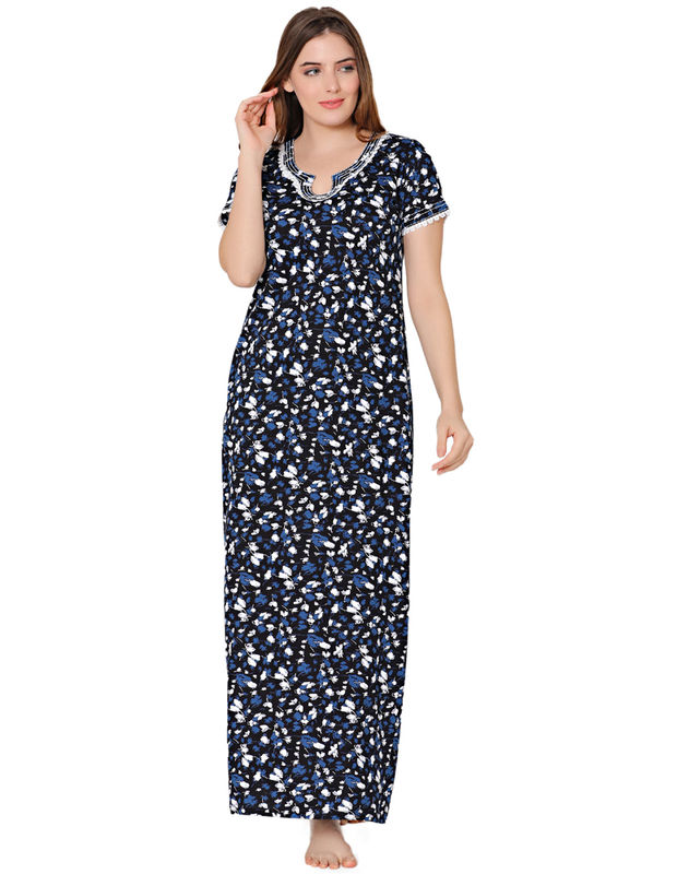 Bodycare Womens Combed Cotton Round Neck Printed Long Night Dress-BSN10006