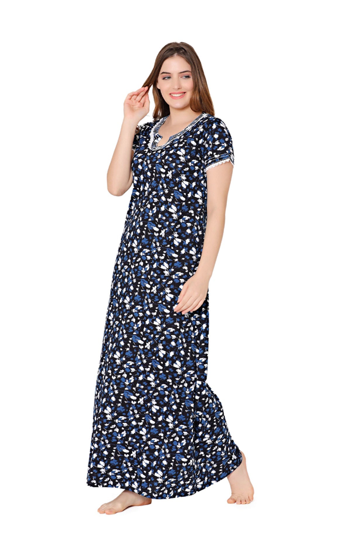 Bodycare Womens Combed Cotton Round Neck Printed Long Night Dress-BSN10006