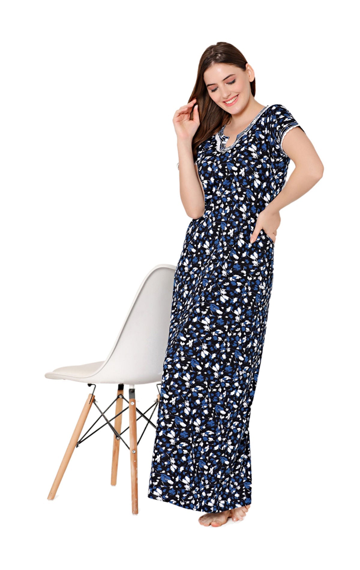 Bodycare Womens Combed Cotton Round Neck Printed Long Night Dress-BSN10006