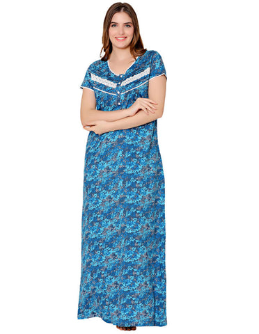 Bodycare Womens Combed Cotton Round Neck Printed Long Night Dress-BSN10007