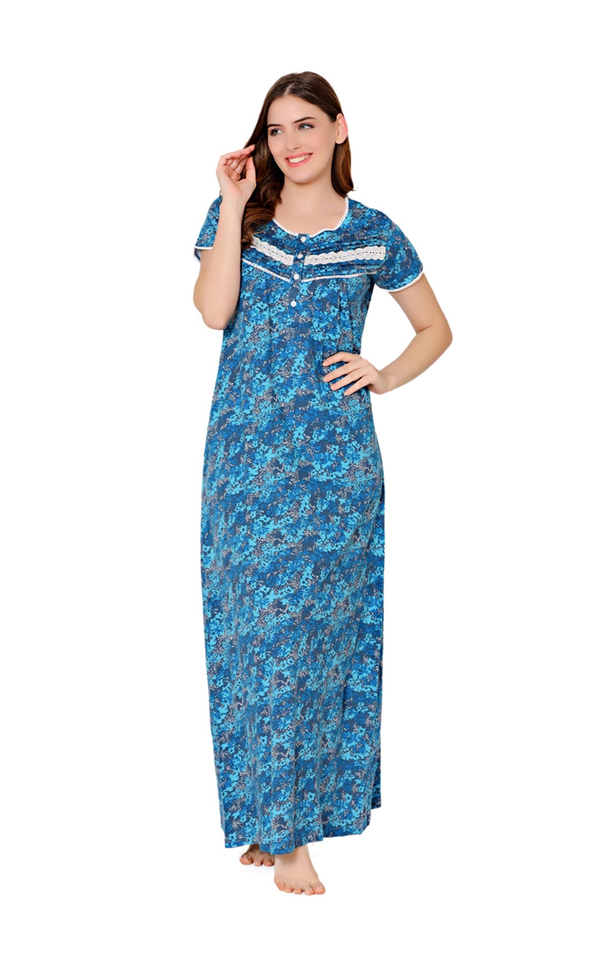 Bodycare Womens Combed Cotton Round Neck Printed Long Night Dress-BSN10007