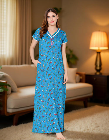 Bodycare Womens Combed Cotton V Neck Printed Long Night Dress-BSN10008