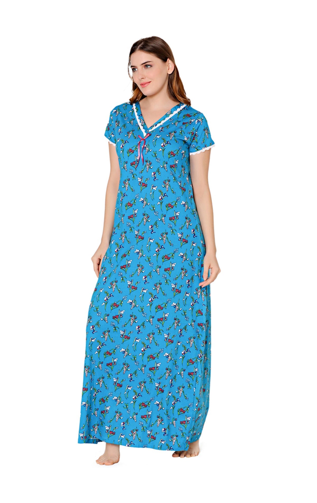 Bodycare Womens Combed Cotton V Neck Printed Long Night Dress-BSN10008