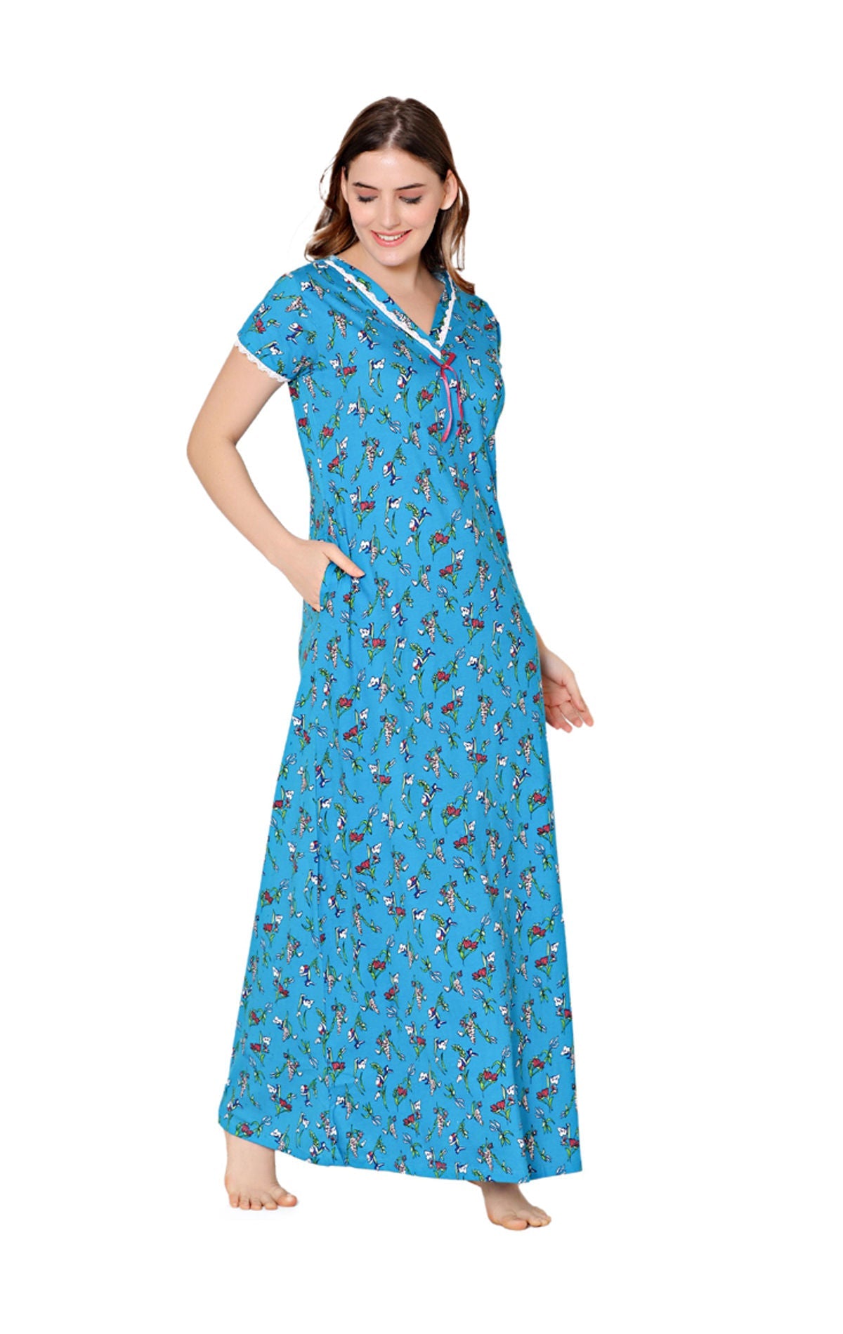 Bodycare Womens Combed Cotton V Neck Printed Long Night Dress-BSN10008