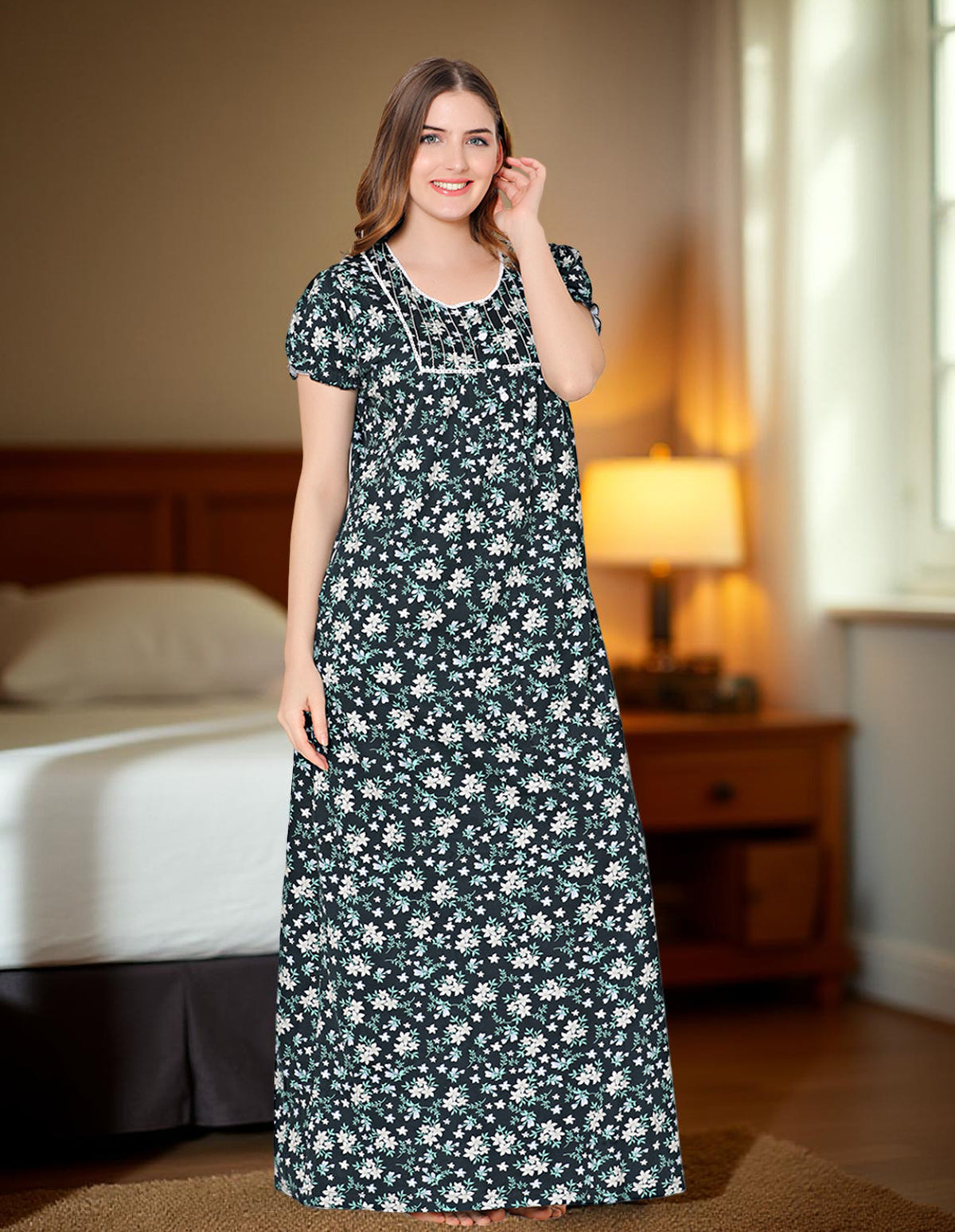 Bodycare Womens Combed Cotton Round Neck Printed Long Night Dress-BSN10009