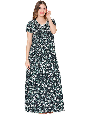 Bodycare Womens Combed Cotton Round Neck Printed Long Night Dress-BSN10009