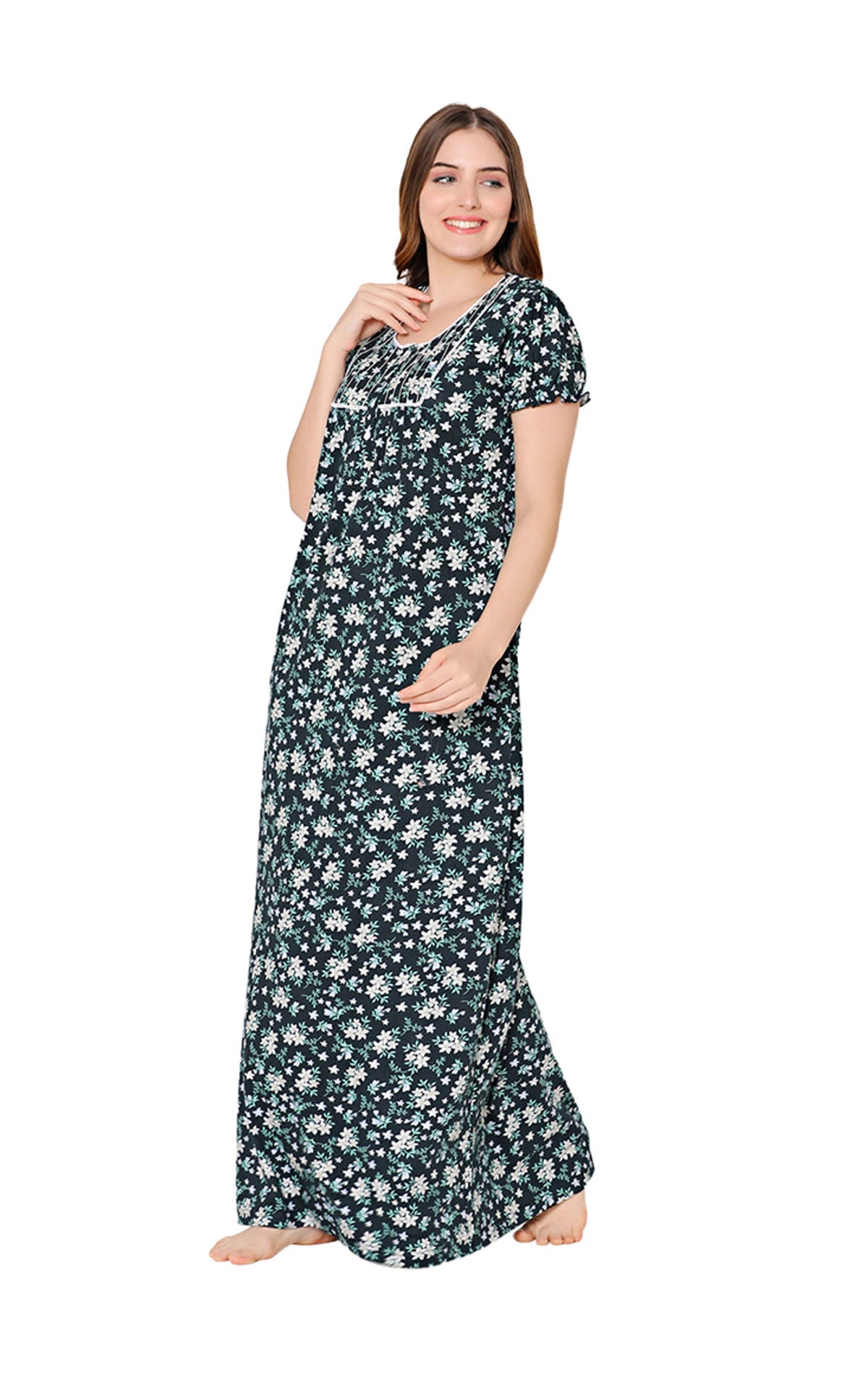 Bodycare Womens Combed Cotton Round Neck Printed Long Night Dress-BSN10009