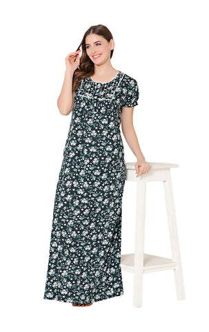 Bodycare Womens Combed Cotton Round Neck Printed Long Night Dress-BSN10009